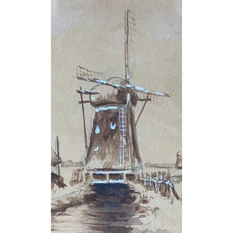 Antique Louis Apal Dutch Windmill Original Watercolor Gold Ornate Frame RARE