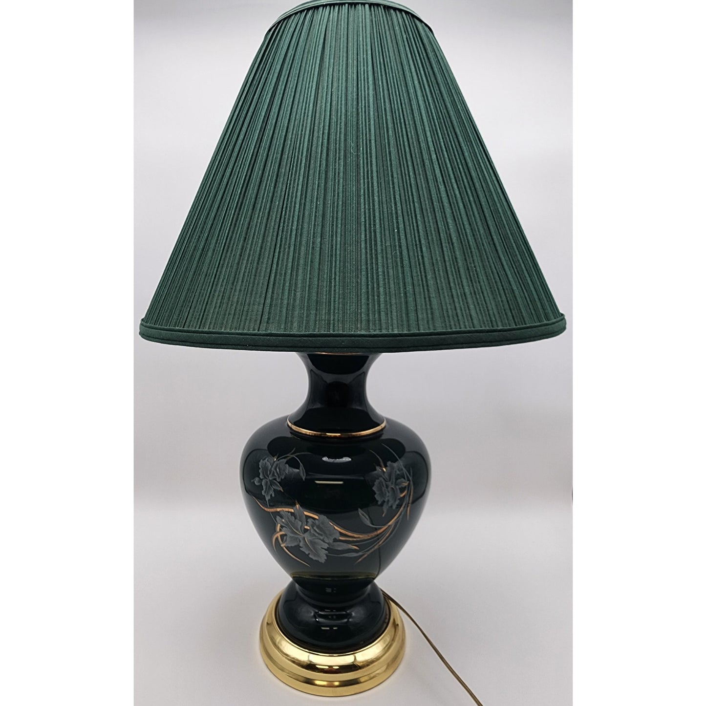 Vintage Forest Green Ceramic Lamp & Shade 30.25"H w/22K Gold Floral 3Way Switch