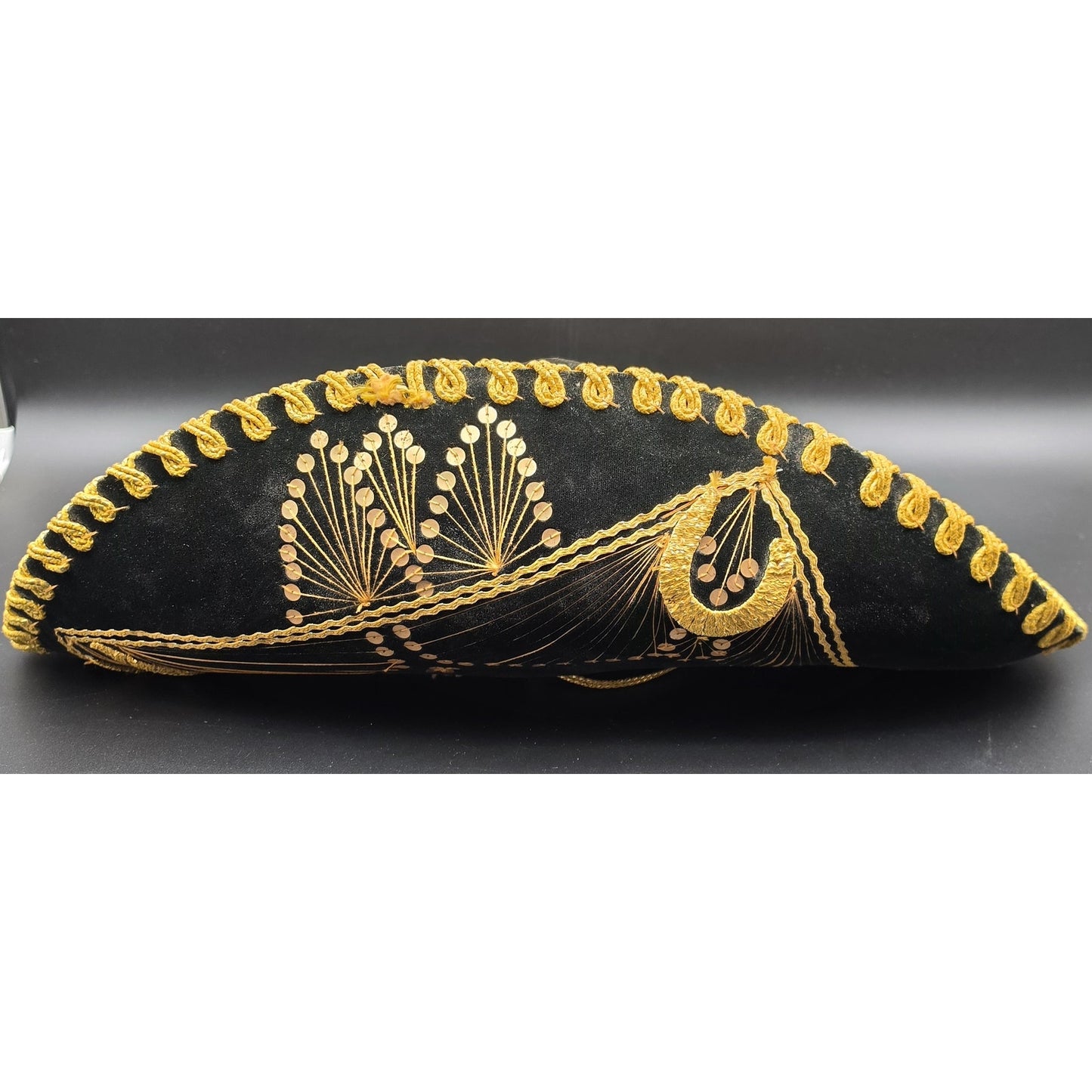 Authentic Vintage Mexican Sombrero Black Felt Gold Emb Sequin Detail 24x18x7.25