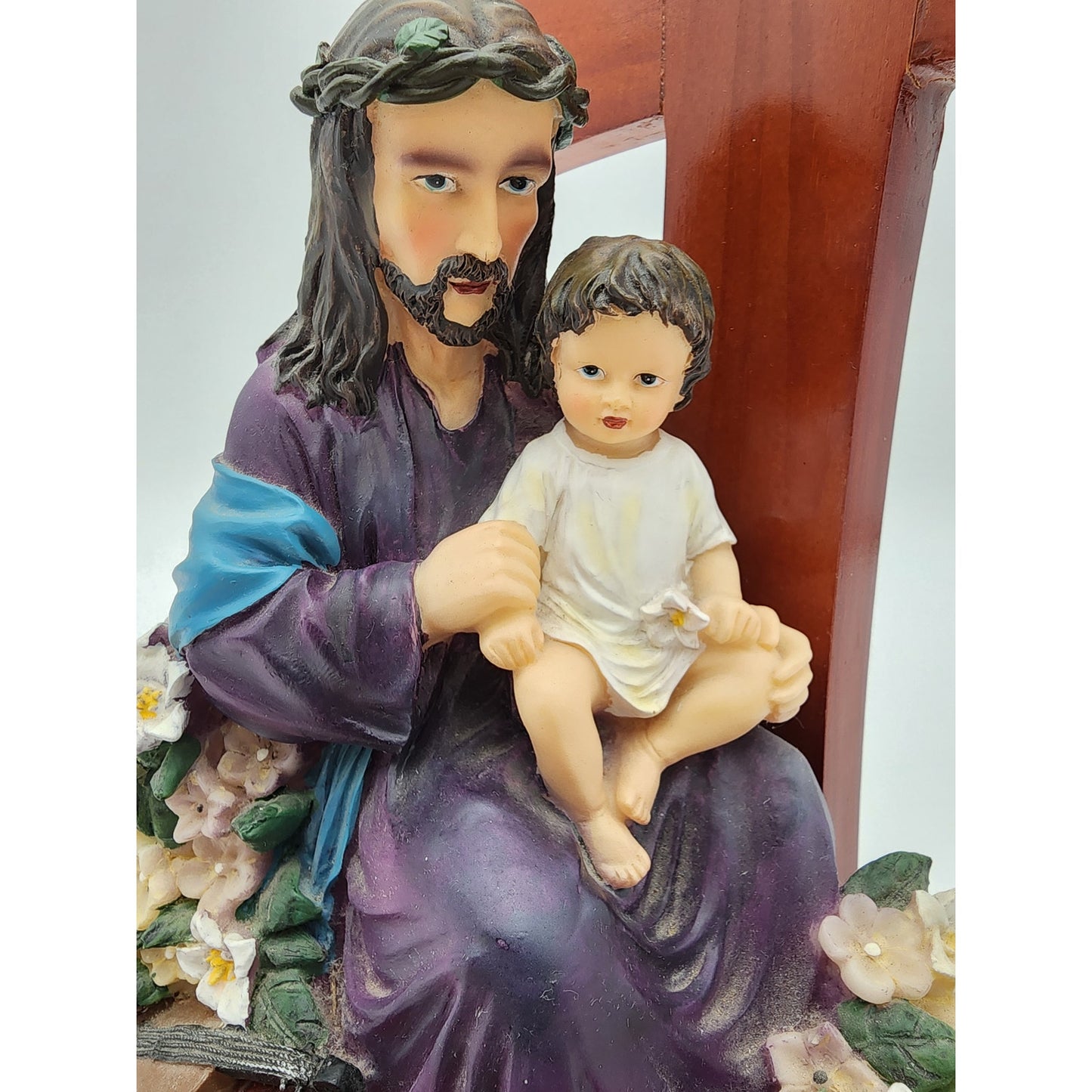 Jesus & Child Figurine w/ Cross, Violin, Books – 12.25" Hand Painted Wood Base