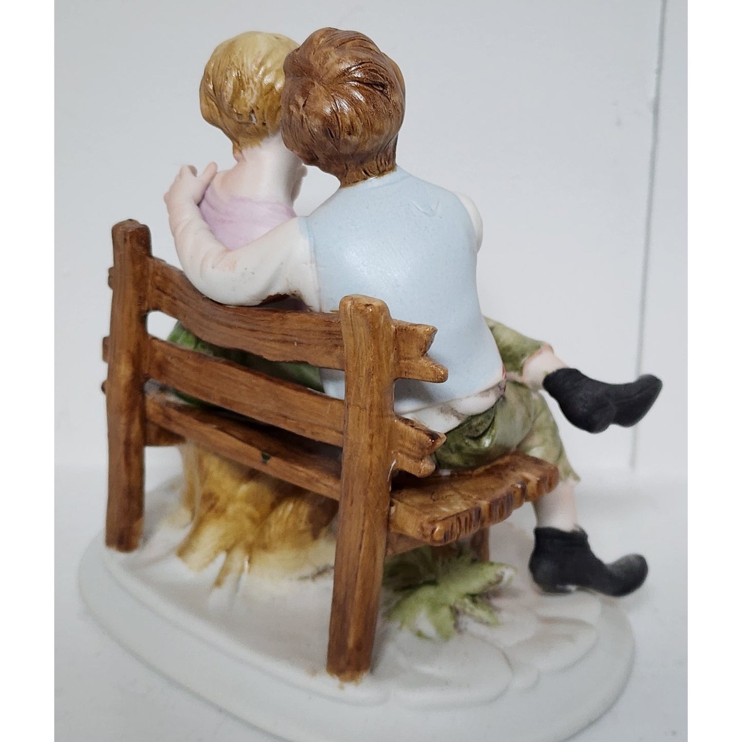 Vintage Boy Whispering to Girl On Bench Figurine Hand Painted on Bench 6"