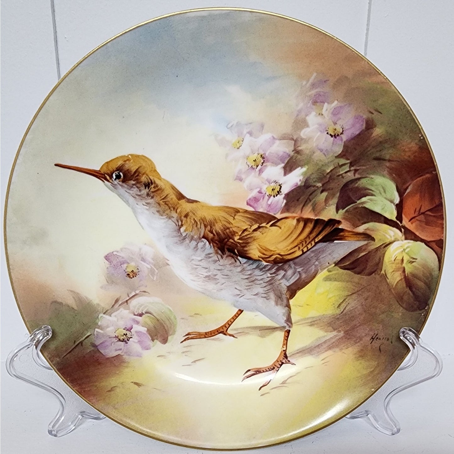 Henriot Signed Limoges France Bird Plate Hand Painted Gold Rim Violets 9.75" VTG