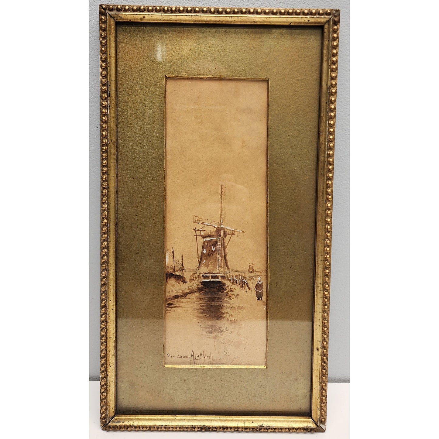 Antique Louis Apal Dutch Windmill Original Watercolor Gold Ornate Frame RARE