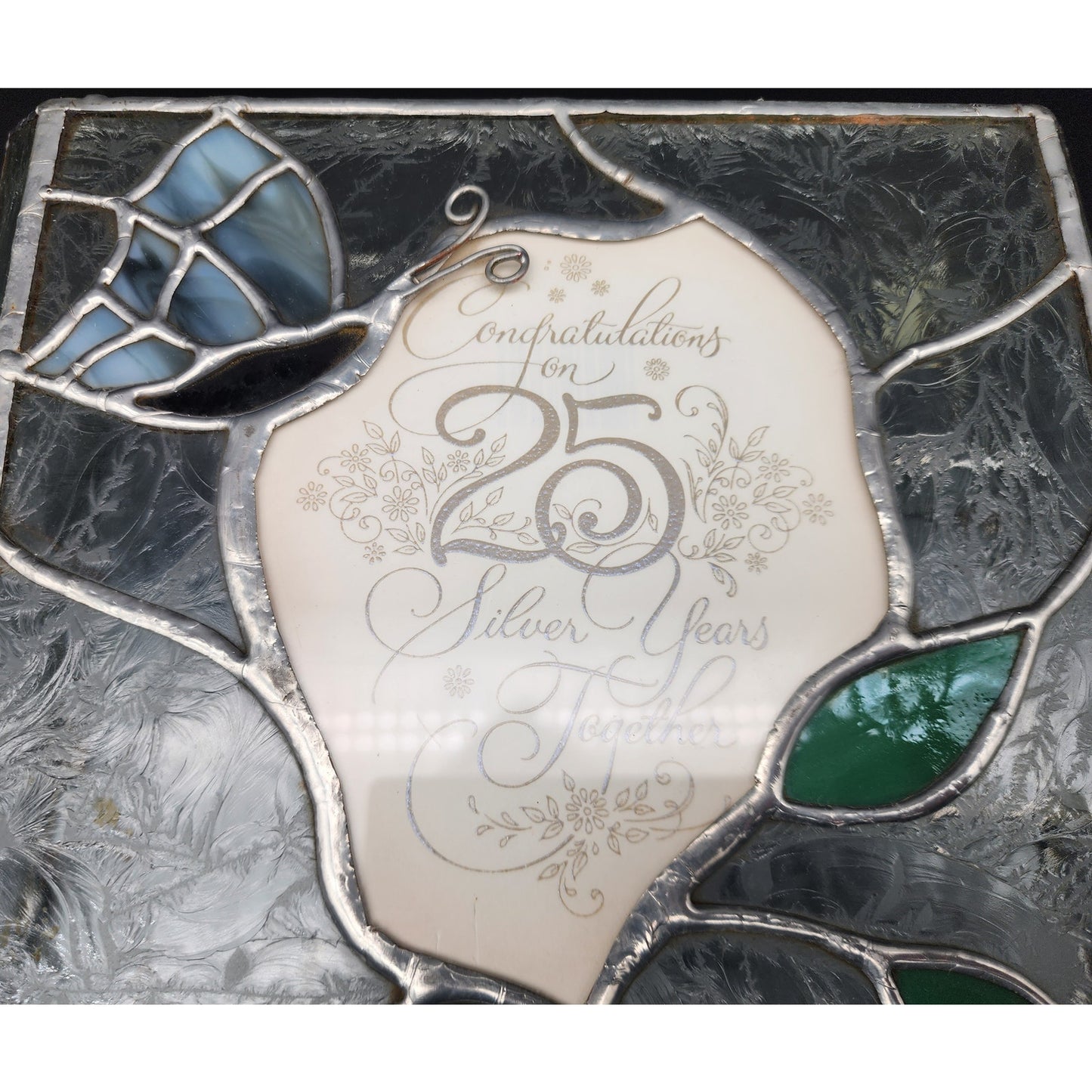 Stained Glass 25th Anniversary Keepsake Box Green Leaves Butterfly 10.75" Heavy