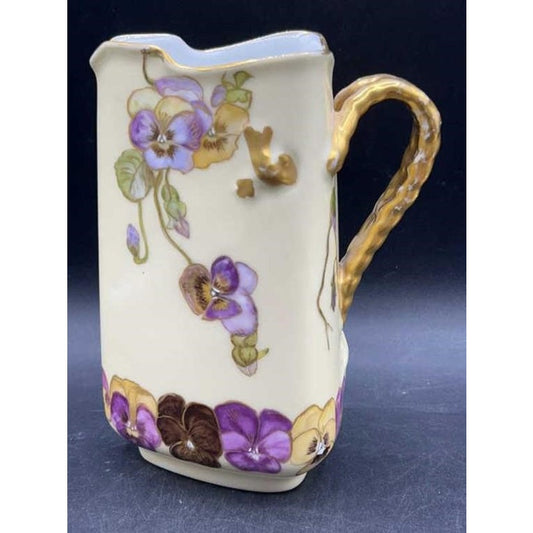 Antique H&Co Limoges Cream Pitcher 1 Pint Gold Floral Pansies - RARE