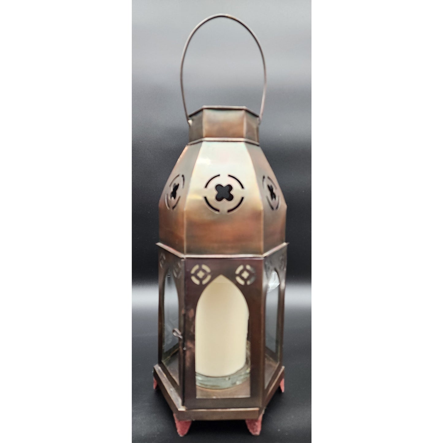 Pair Bronze Hexagon Metal Candle Lanterns w/ Glass Panels & Candles 18.5"