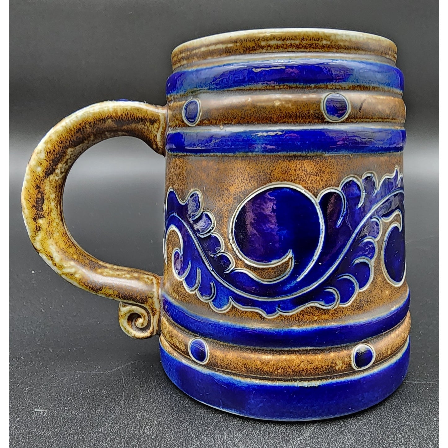 Vintage Goebel Merkelbach Stoneware Mug Cobalt Blue Salt Glaze Raised Design