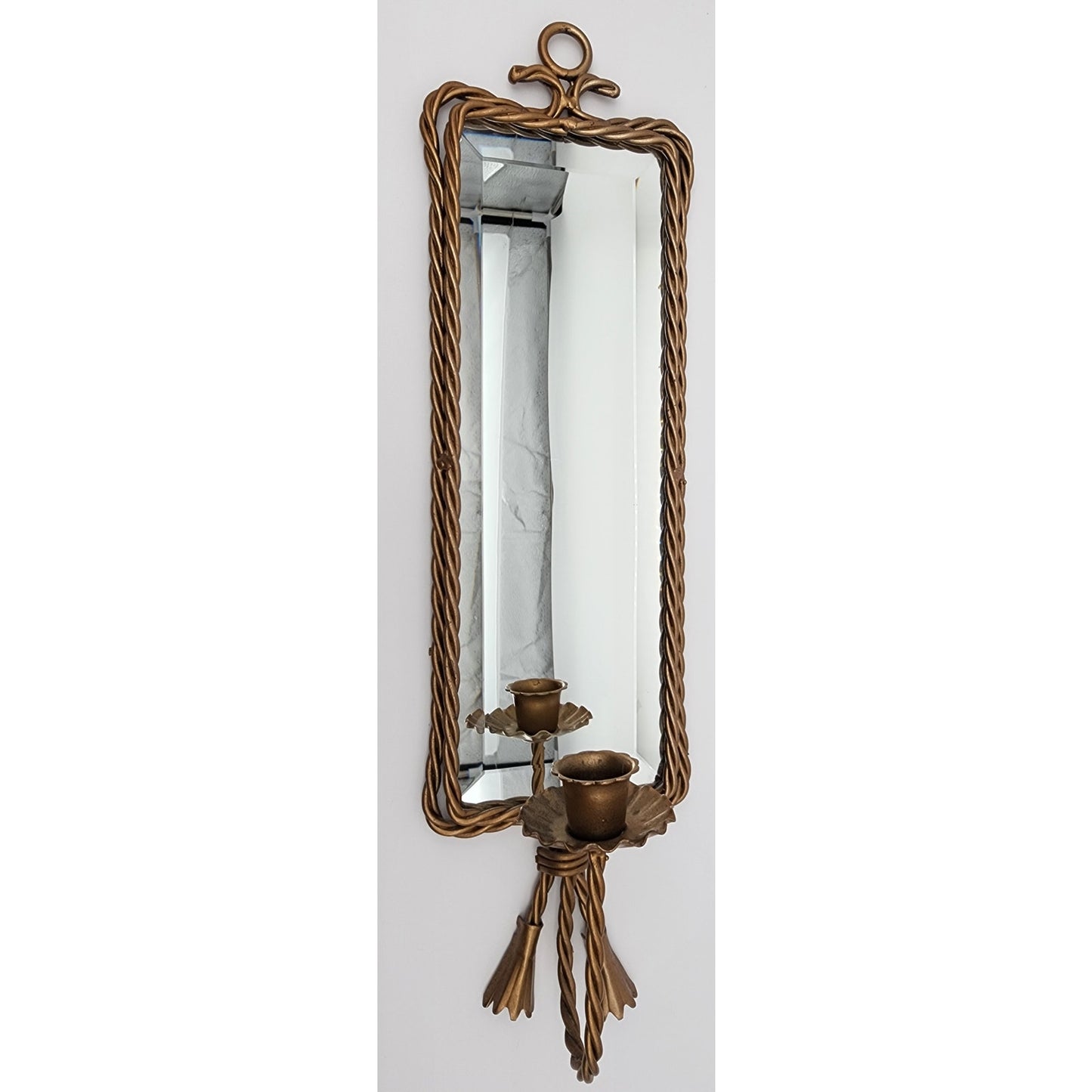Antique Gold Wall Mirror Candle Holder – Etched Glass Hurricane w/ Purple Candle