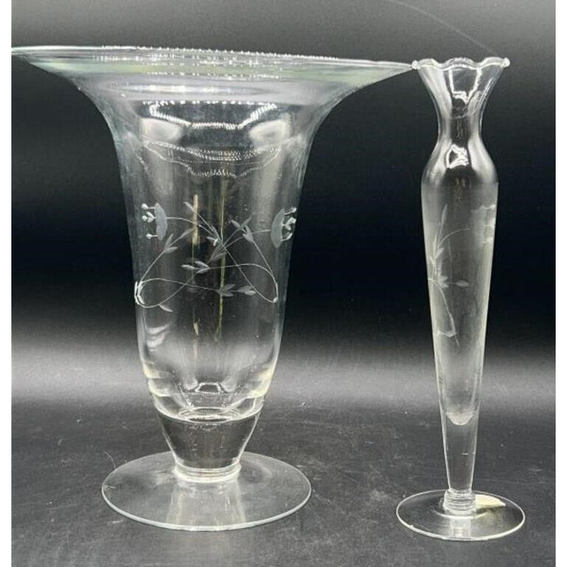 Princess House Heritage Crystal Vases Flared & Bud Etched Flowers Vintage