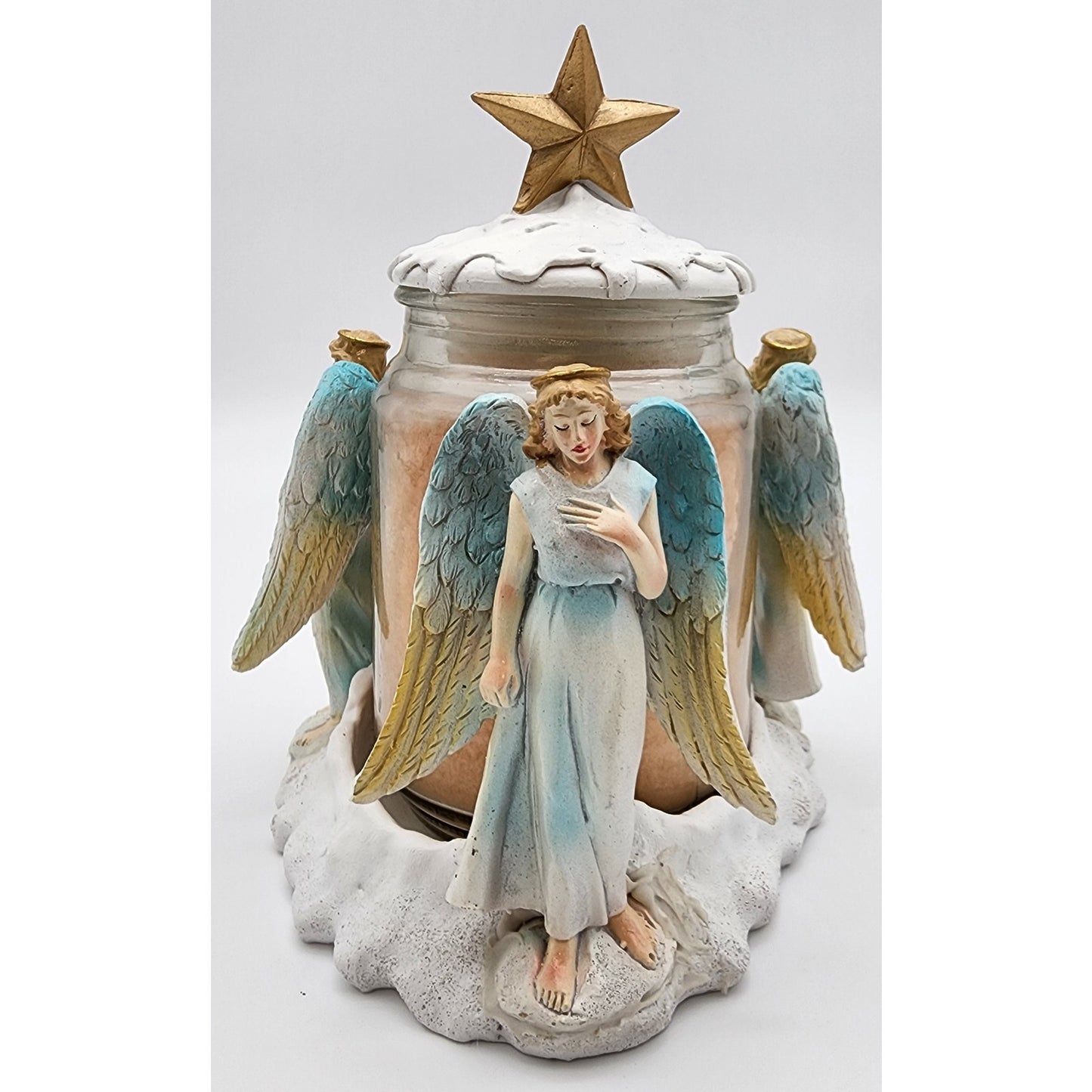 3 Angel Candle Holder w/ Lid – Ceramic Holiday Decor Butterscotch Scent Unused