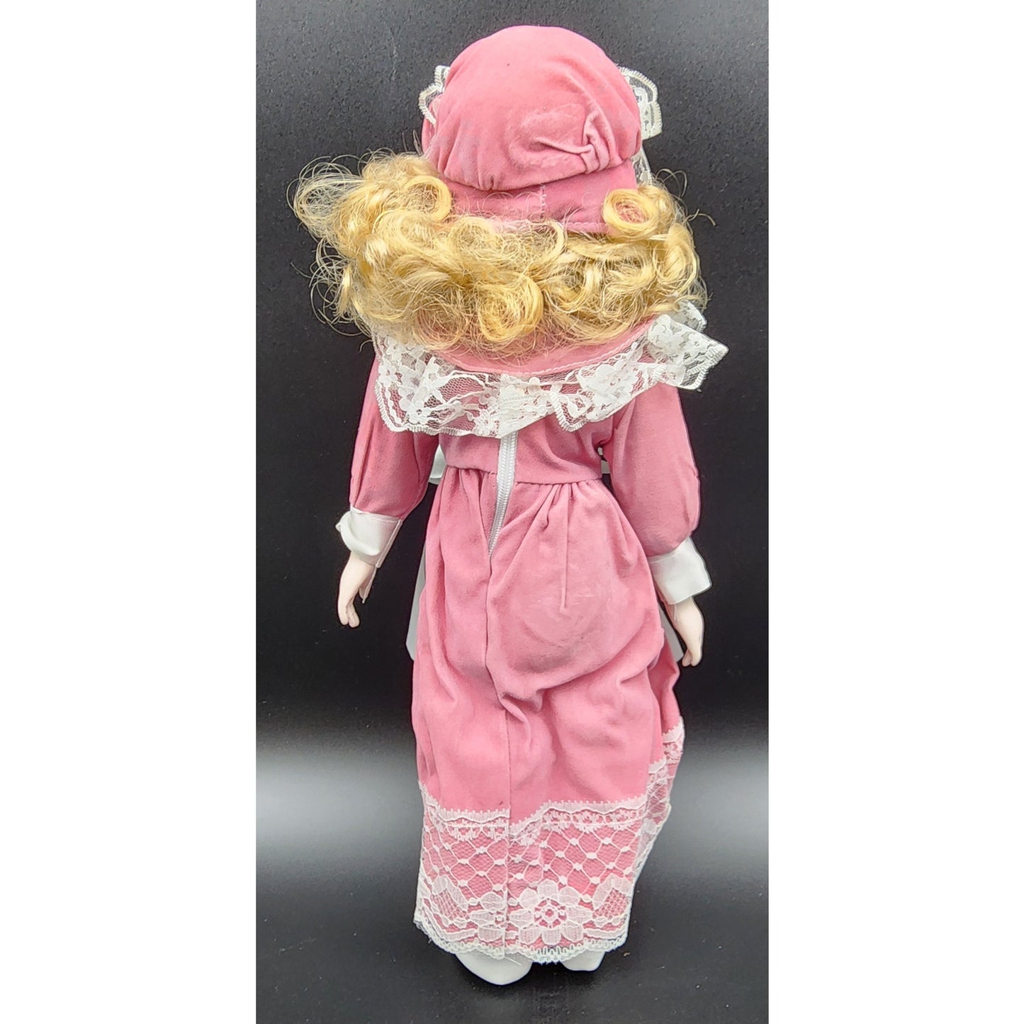 Vintage 16" Porcelain Doll “Tracy” TH‑64 Pink Velvet Dress w/ Bonnet & Box