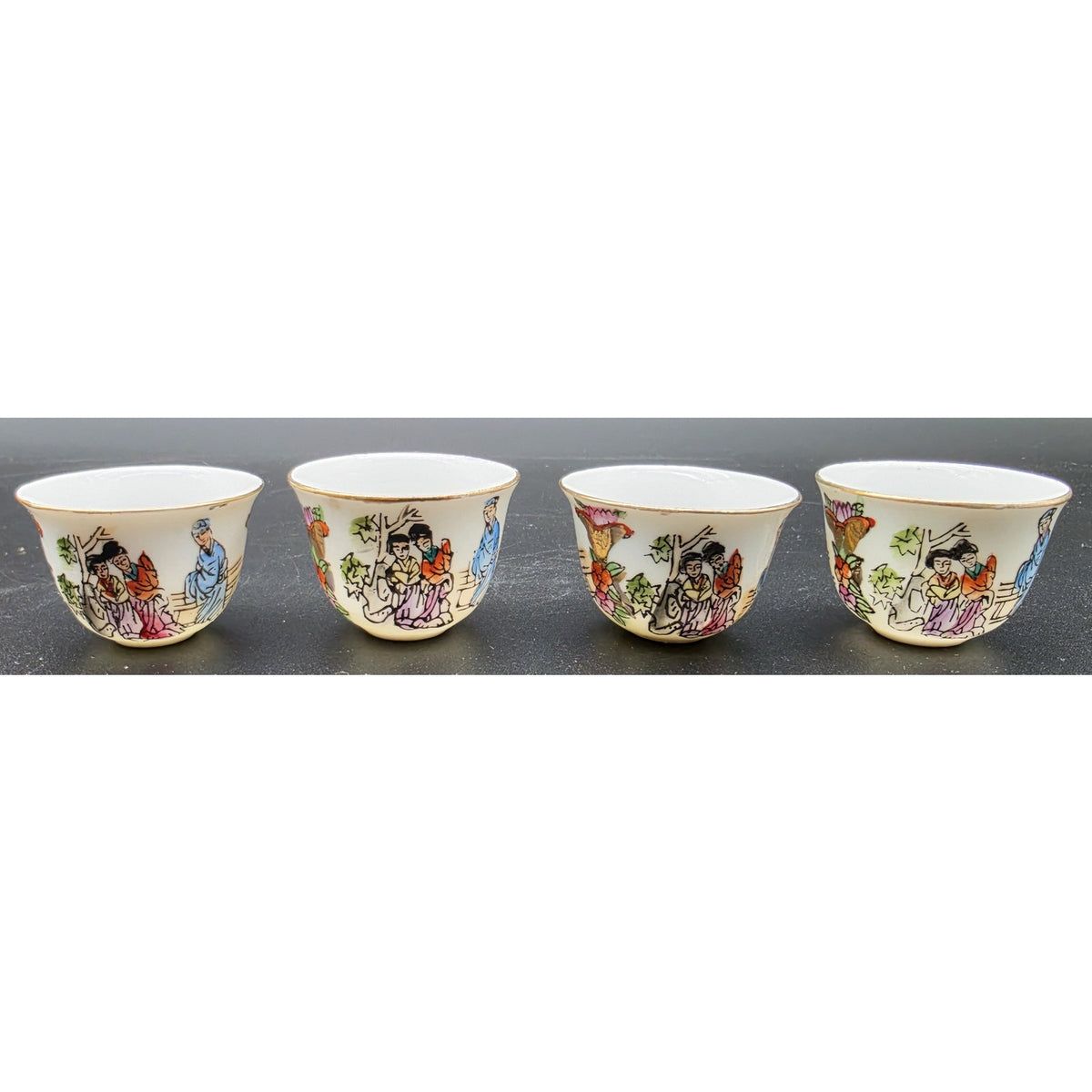 Vintage Hand Painted Porcelain Sake Tea Set 22K Gold Gilt Red Brocade Box Set