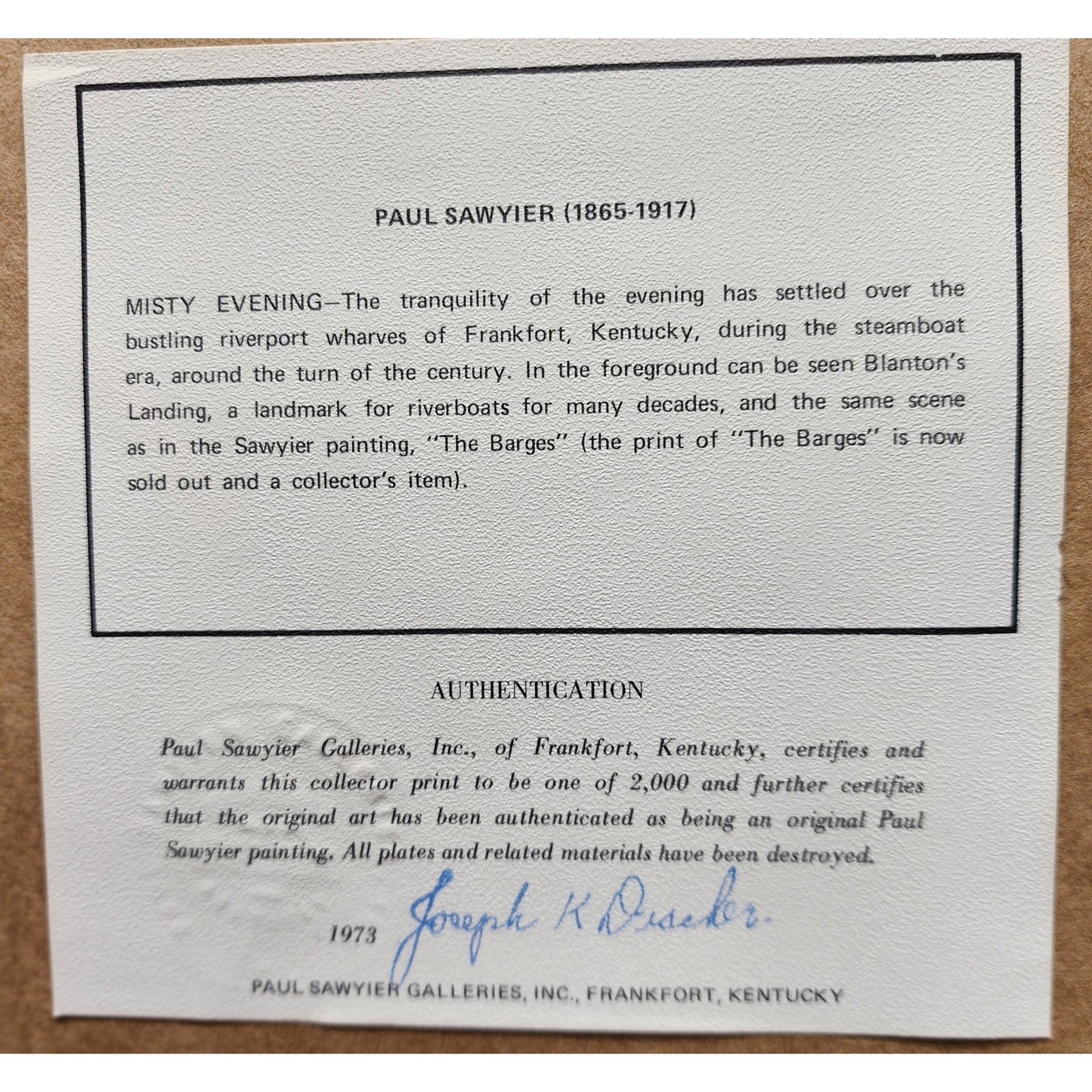 Paul Sawyier “Misty Evening” Lithograph Framed Gold Beveled Wood KY Art 1973 VTG