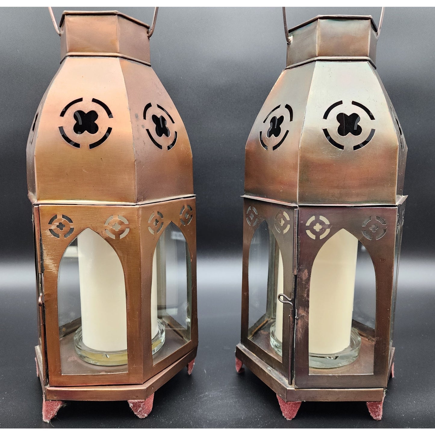 Pair Bronze Hexagon Metal Candle Lanterns w/ Glass Panels & Candles 18.5"