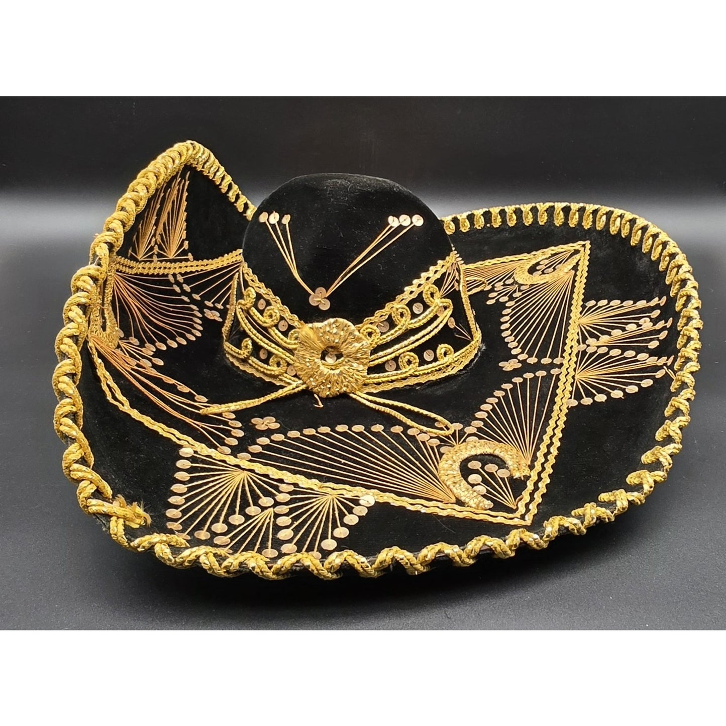 Authentic Vintage Mexican Sombrero Black Felt Gold Emb Sequin Detail 24x18x7.25