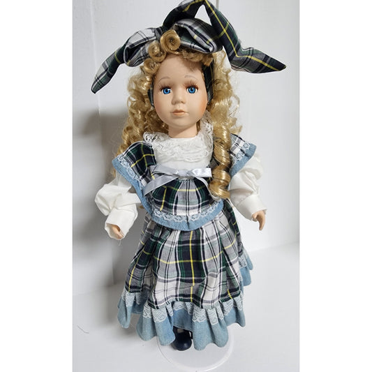 Vintage Tender Heart Treasures Porcelain Doll Plaid Dress Blonde Curls w/ Stand