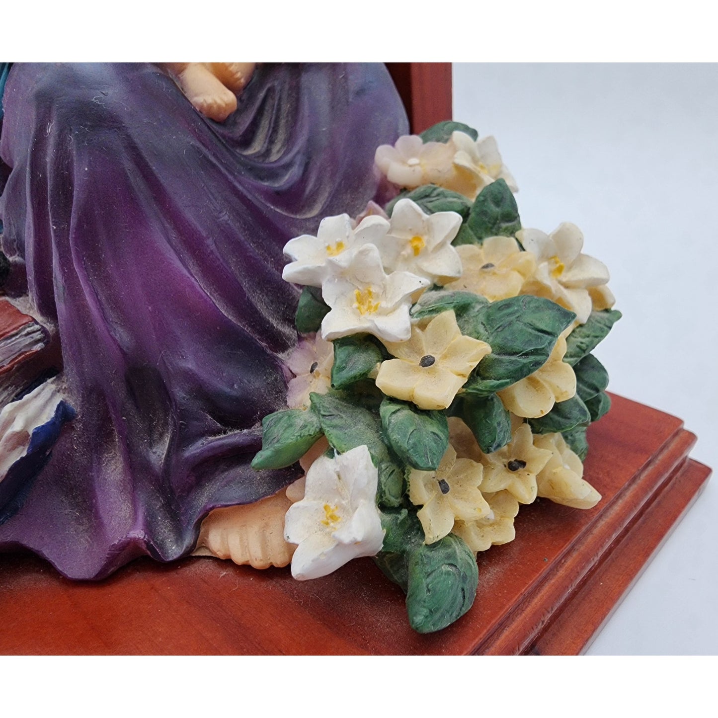 Jesus & Child Figurine w/ Cross, Violin, Books – 12.25" Hand Painted Wood Base