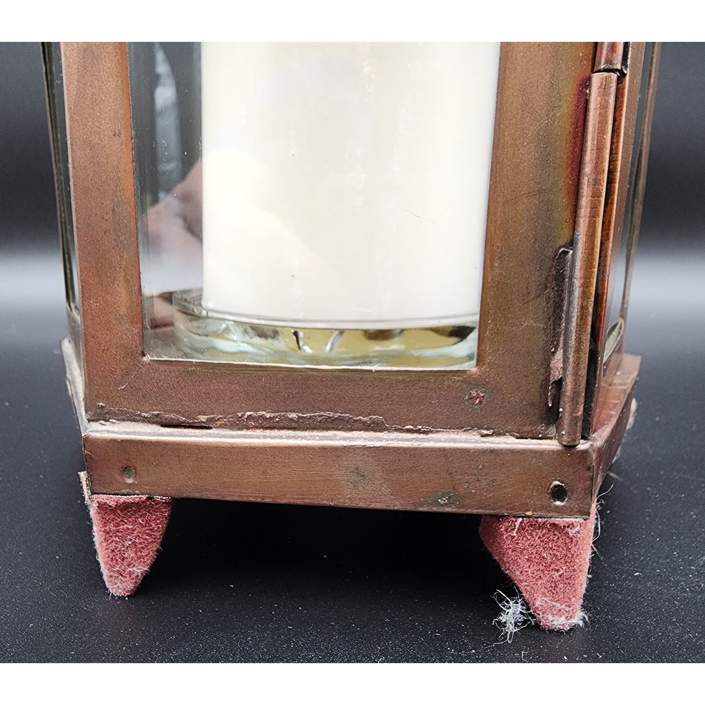 Pair Bronze Hexagon Metal Candle Lanterns w/ Glass Panels & Candles 18.5"