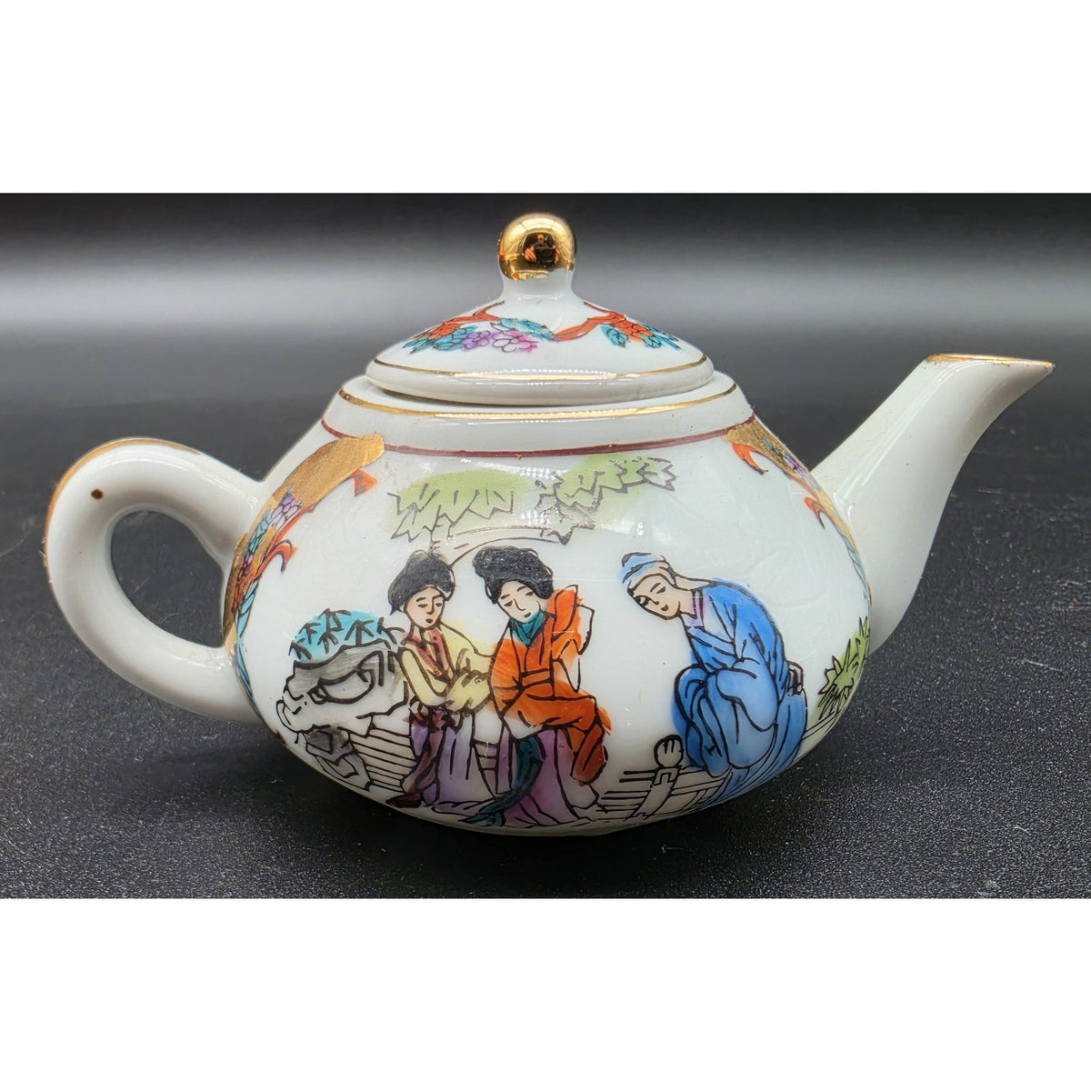 Vintage Hand Painted Porcelain Sake Tea Set 22K Gold Gilt Red Brocade Box Set
