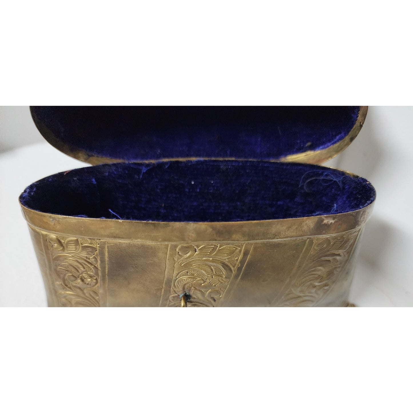 Vintage Brass Pillow Purse w/ Engraved Panels & Purple Velvet Lining