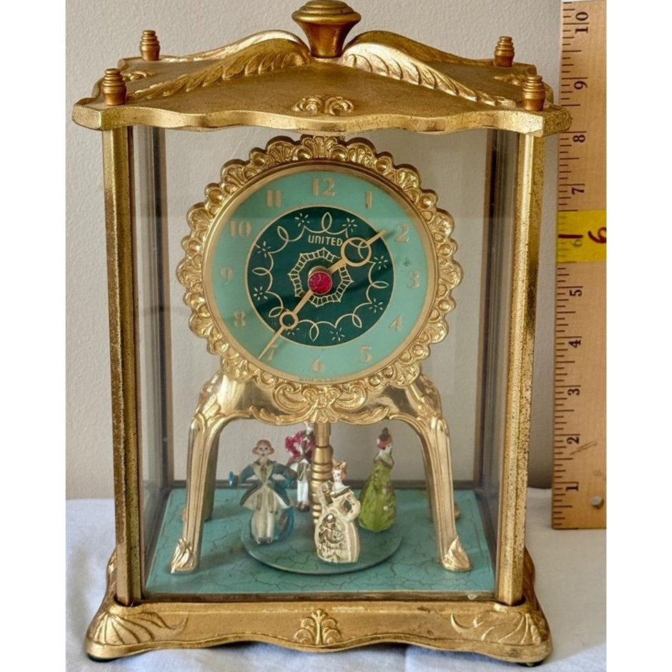 Vintage United Model 990 Brass Clock w/ Dancing Figurines & Glass Case Works