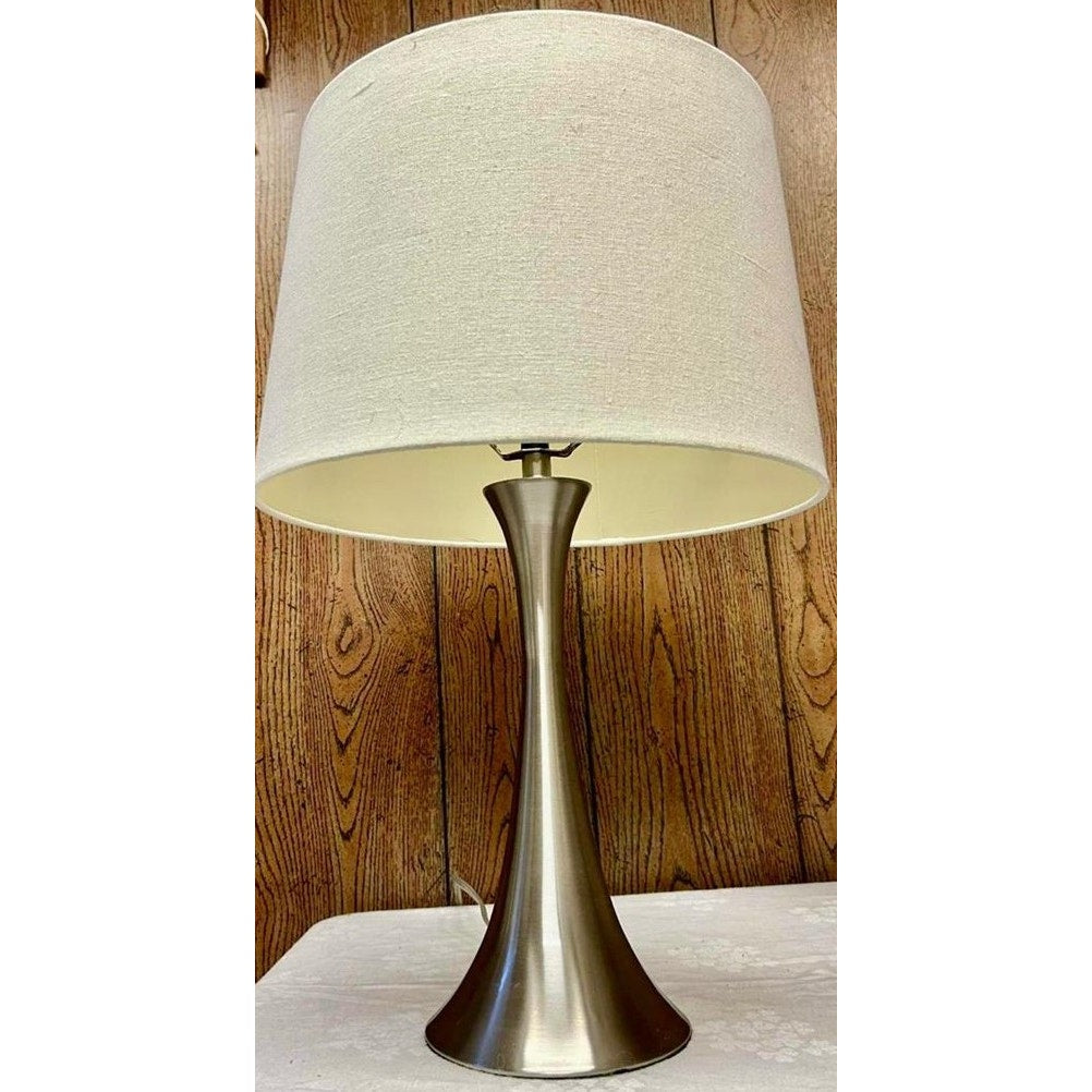 Retro Brushed Stainless Steel Table Lamp w/ Off-White Shade – 24" Tall