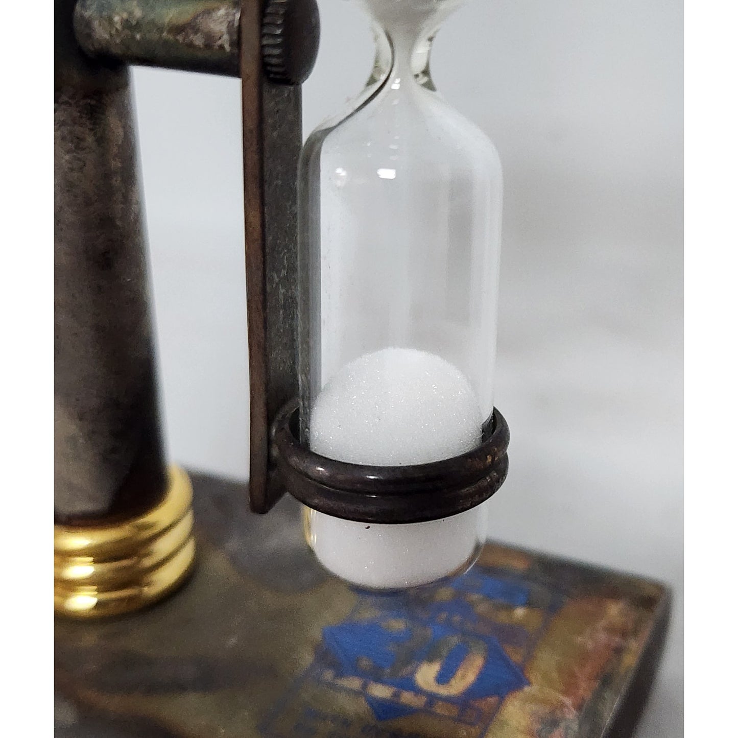 Vintage Brass Hourglass Timer on Stand – 3‑Min Promo Piece, Crystal Finial