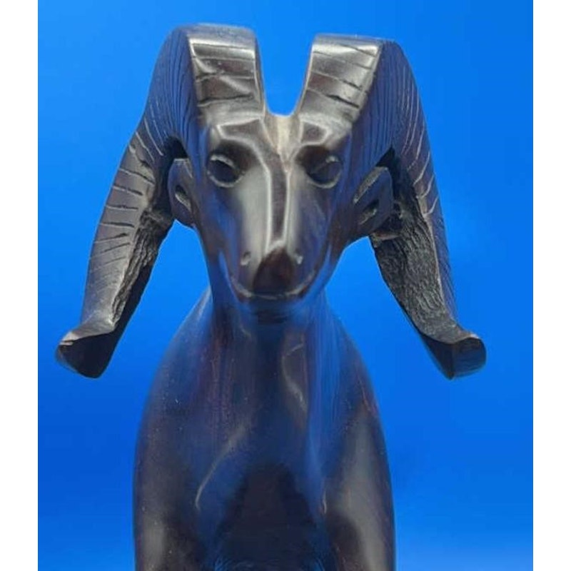 VTG Hand-Carved Solid Wood Ram Sculpture 9.75" Tall Heavy Folk Art Figurine