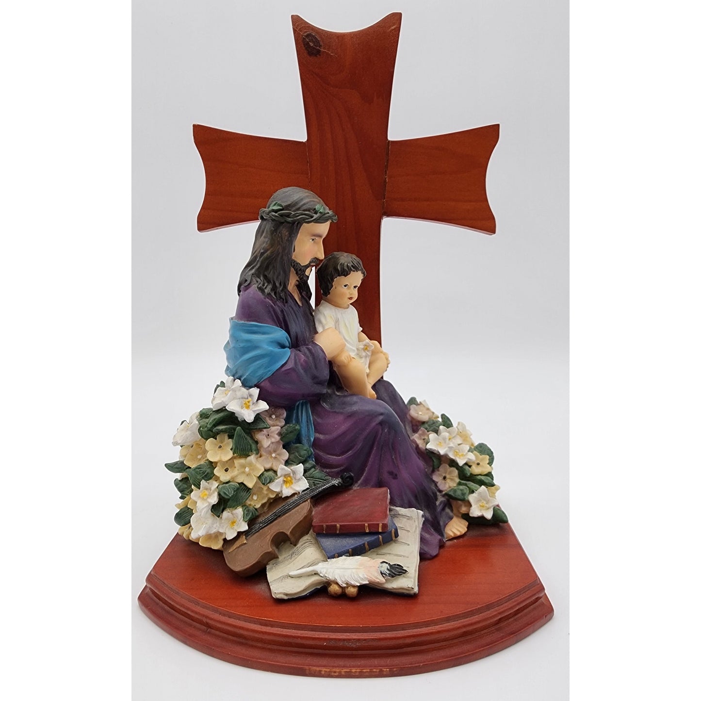 Jesus & Child Figurine w/ Cross, Violin, Books – 12.25" Hand Painted Wood Base