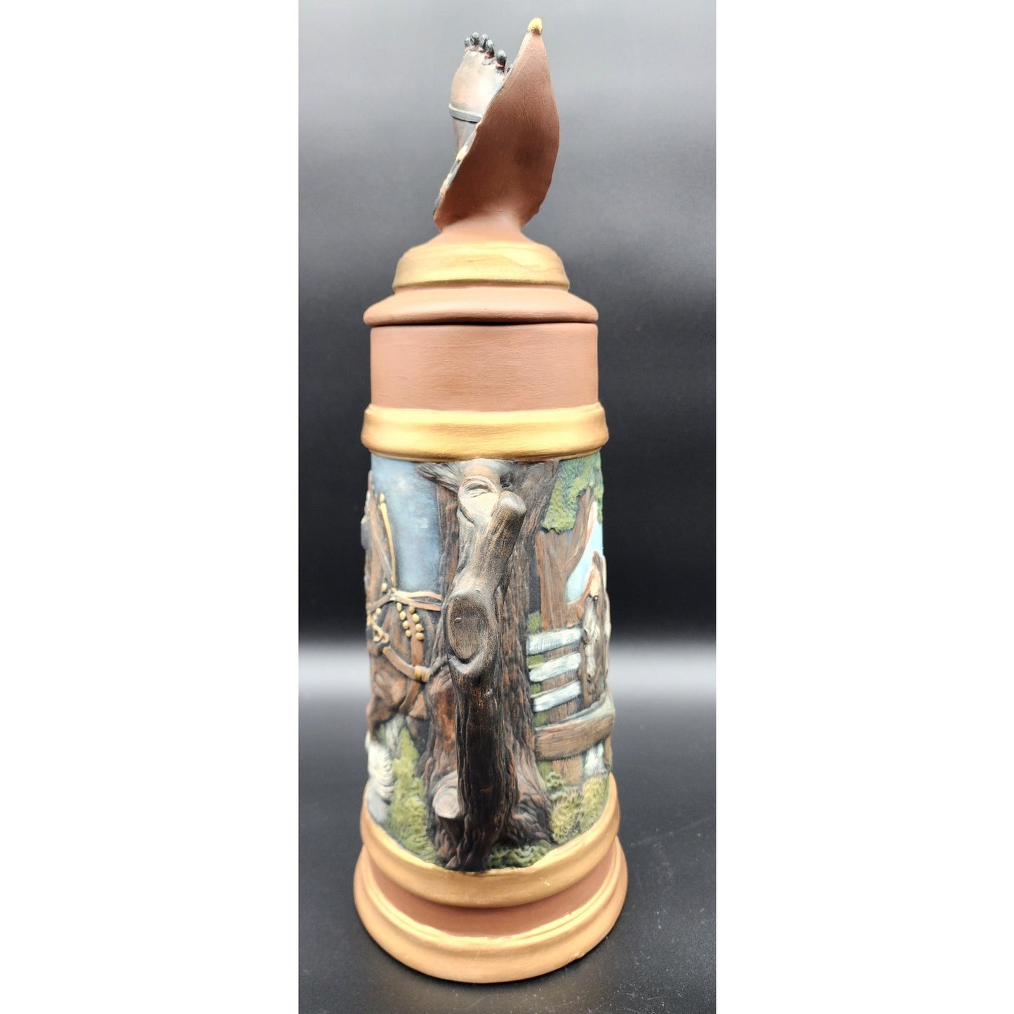 Vintage 18.5" German Horse Head Lidded Beer Stein Raised Relief Hand Painted