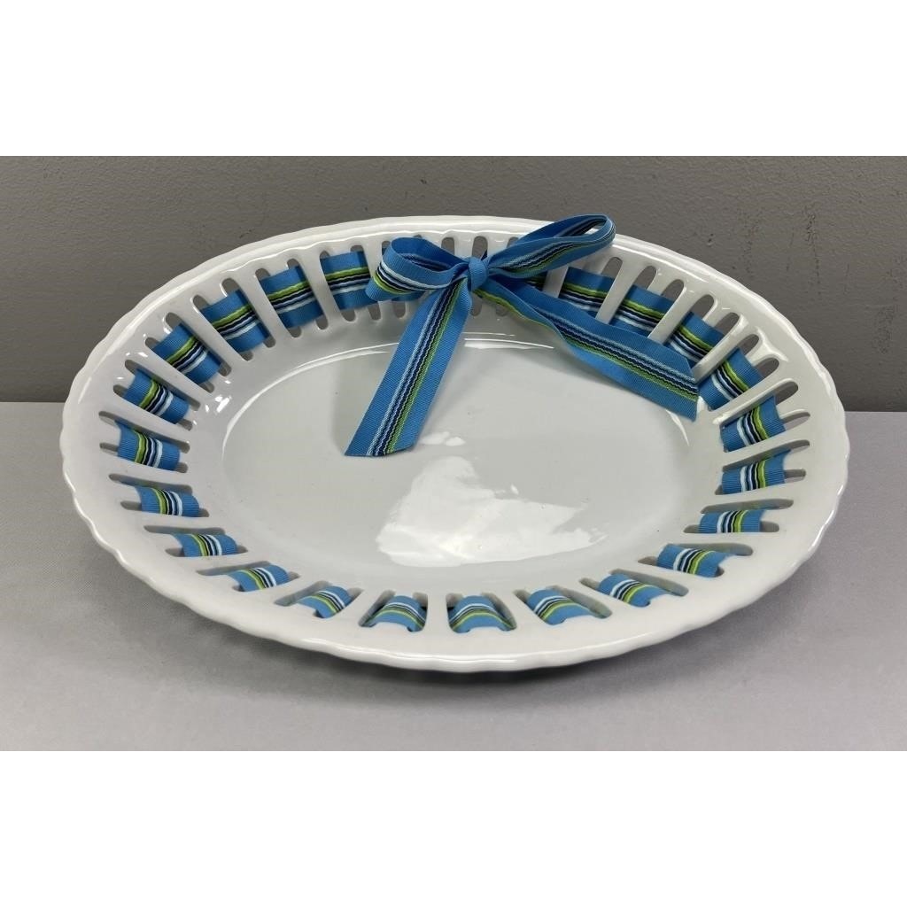 Godinger Antique Reflections Porcelain Ribbon Bowl Oval 12" Blue Strip