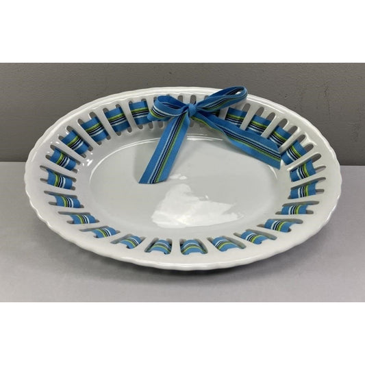 Godinger Antique Reflections Porcelain Ribbon Bowl Oval 12" Blue Strip