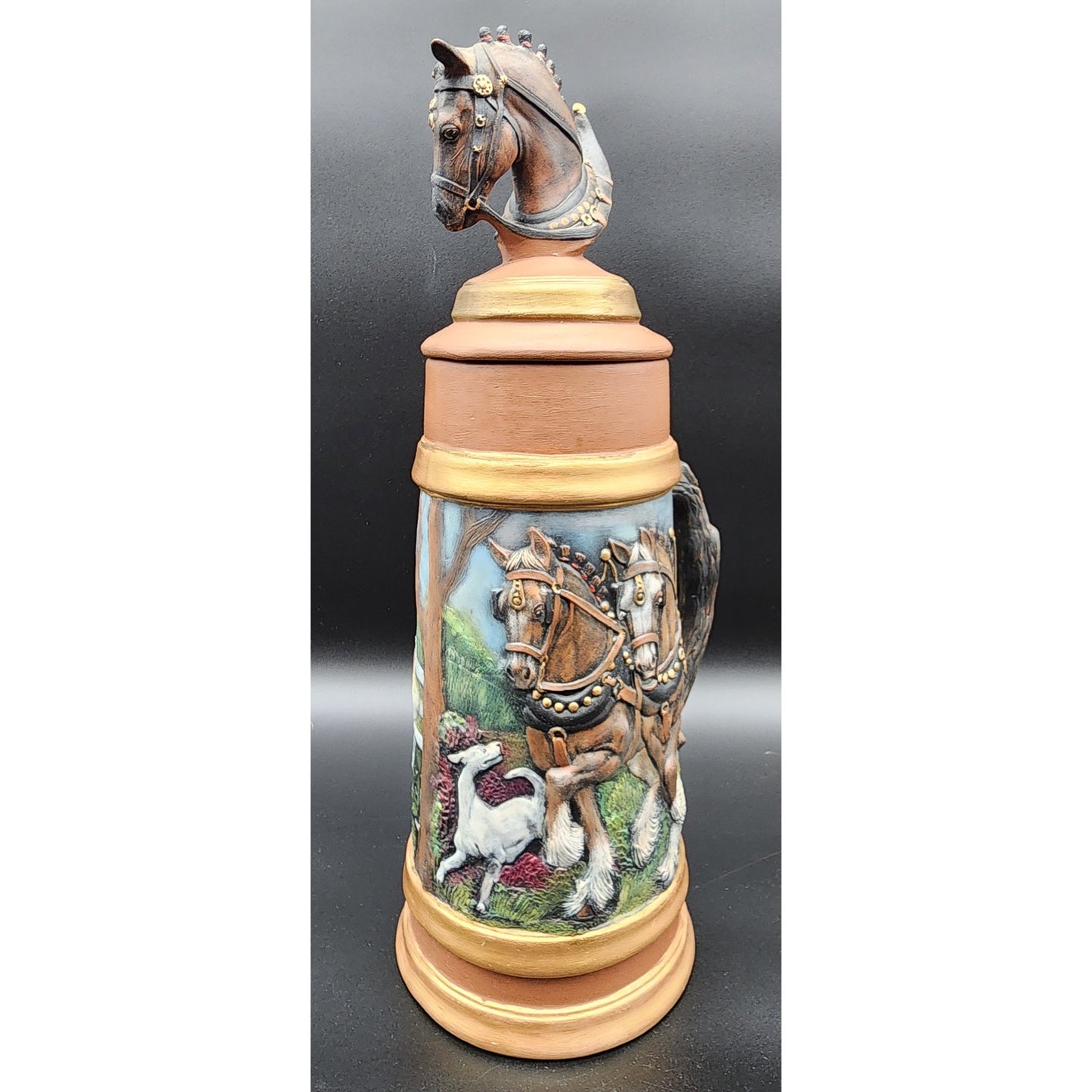 Vintage 18.5" German Horse Head Lidded Beer Stein Raised Relief Hand Painted