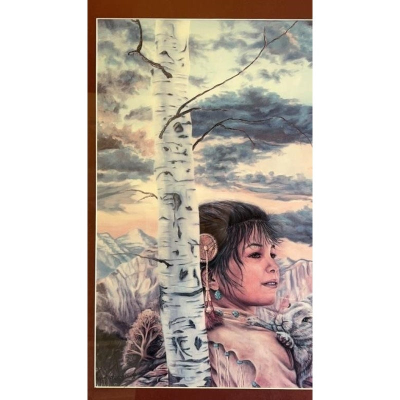 Vintage Jonnie’ Ko Kostoff Signed Serigraph Native American Girl w/ Rabbit 1990