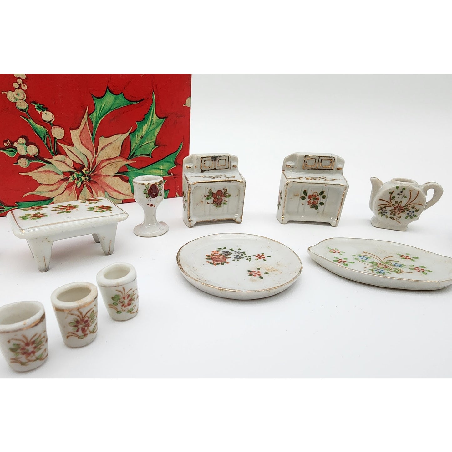Vintage Porcelain Miniature Dollhouse Furniture Set 19pc Floral 22K Gold Japan