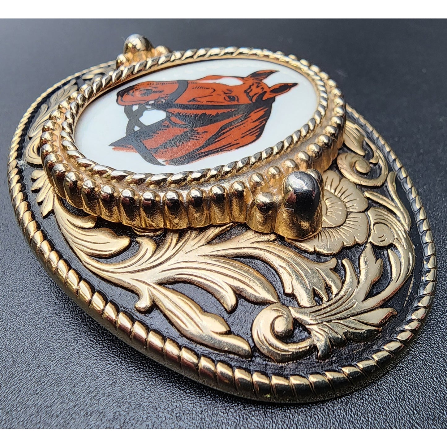 Vintage Brass Horse Head Belt Buckle with Porcelain Cameo 3.25" Western
