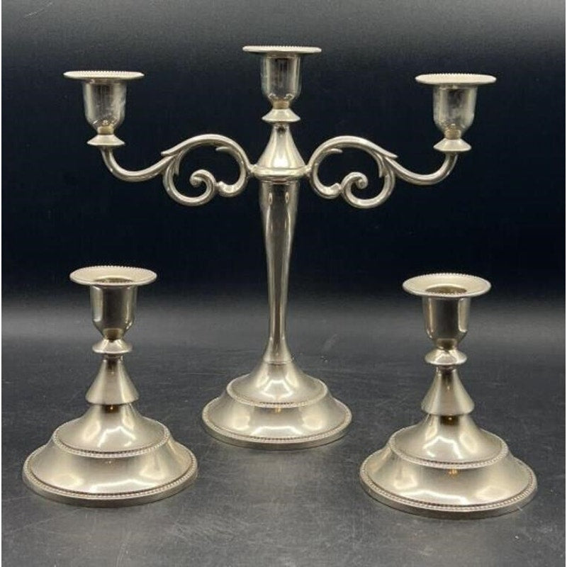 Vintage Silver 3-Pc Candle Holder Set – Ornate 3-Arm Candelabra & 2 Single Holders
