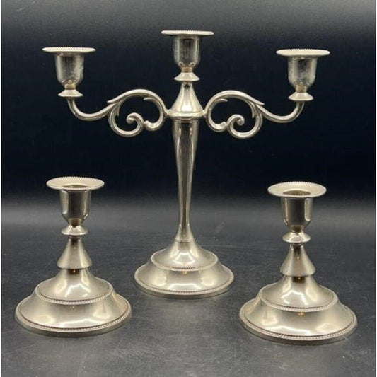 Vintage Silver 3-Pc Candle Holder Set – Ornate 3-Arm Candelabra & 2 Single Holders