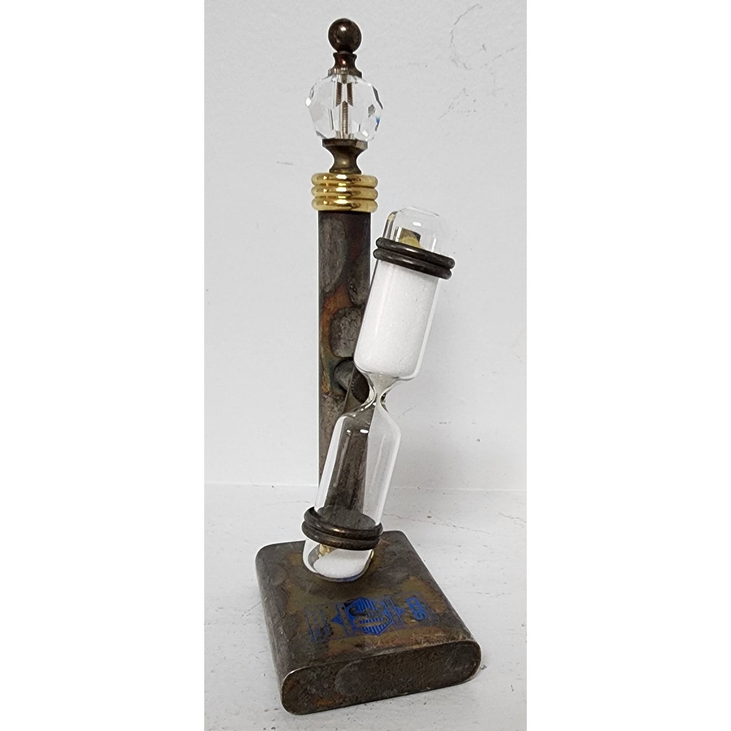 Vintage Brass Hourglass Timer on Stand – 3‑Min Promo Piece, Crystal Finial