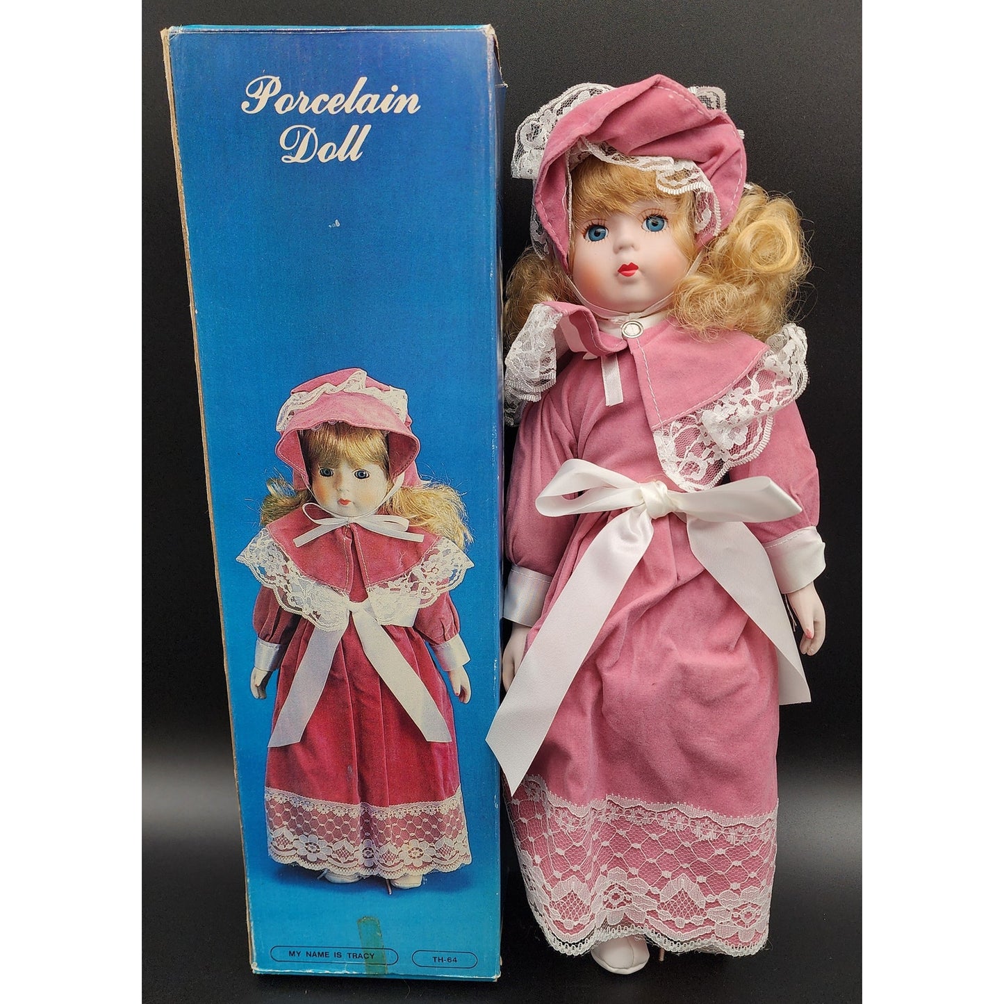 Vintage 16" Porcelain Doll “Tracy” TH‑64 Pink Velvet Dress w/ Bonnet & Box