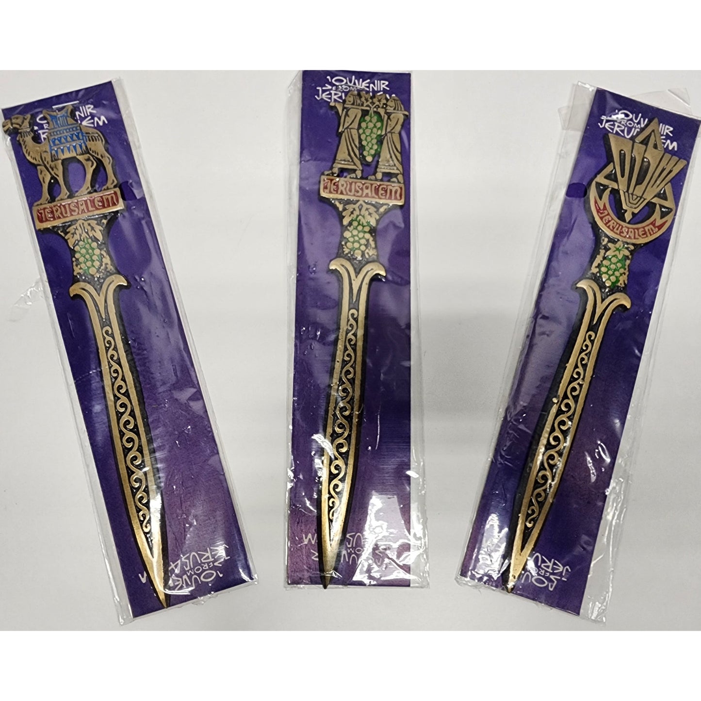 Vintage Jerusalem Brass Letter Opener Set – Enamel, Camel, Menorah, Israel