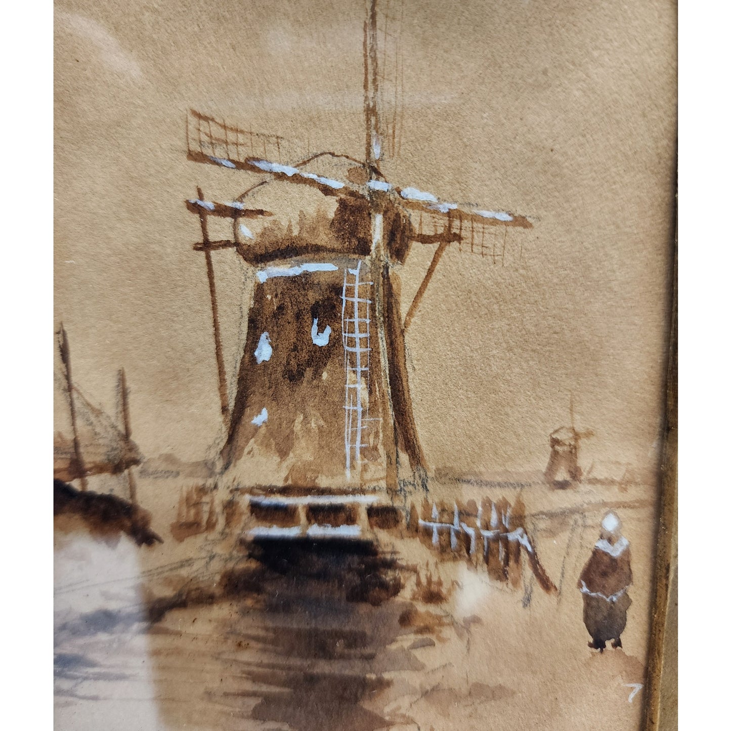 Antique Louis Apal Dutch Windmill Original Watercolor Gold Ornate Frame RARE