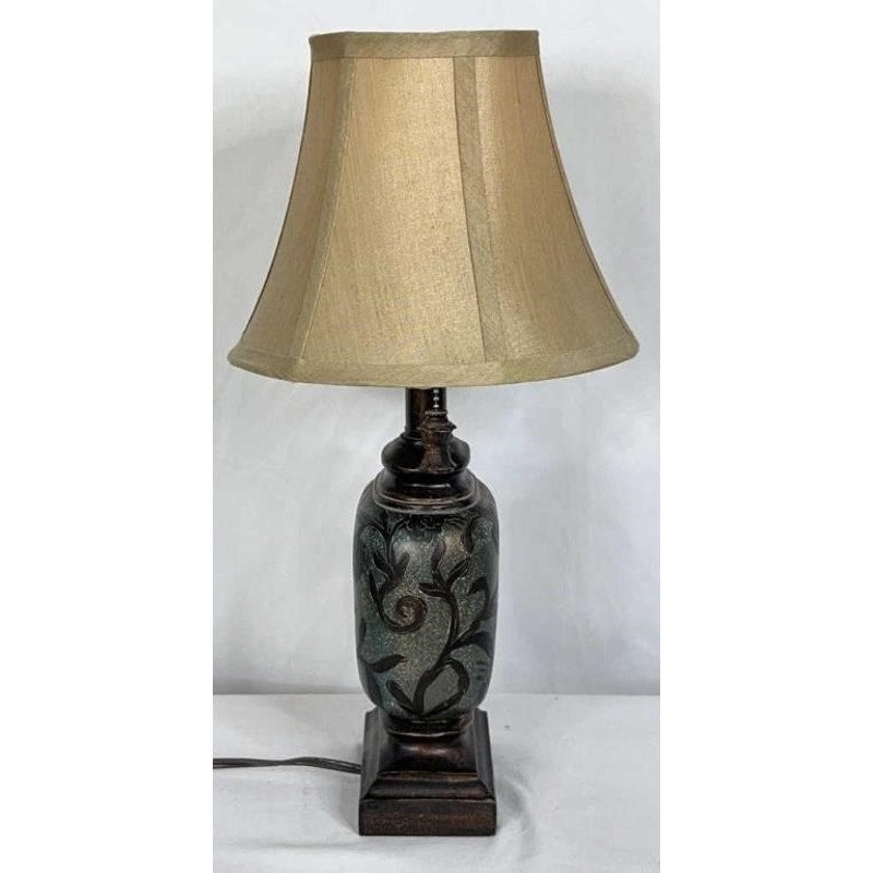 Vintage Ceramic Table Lamp Etched Floral w/ Shade & Ornate Pull Chain 18"