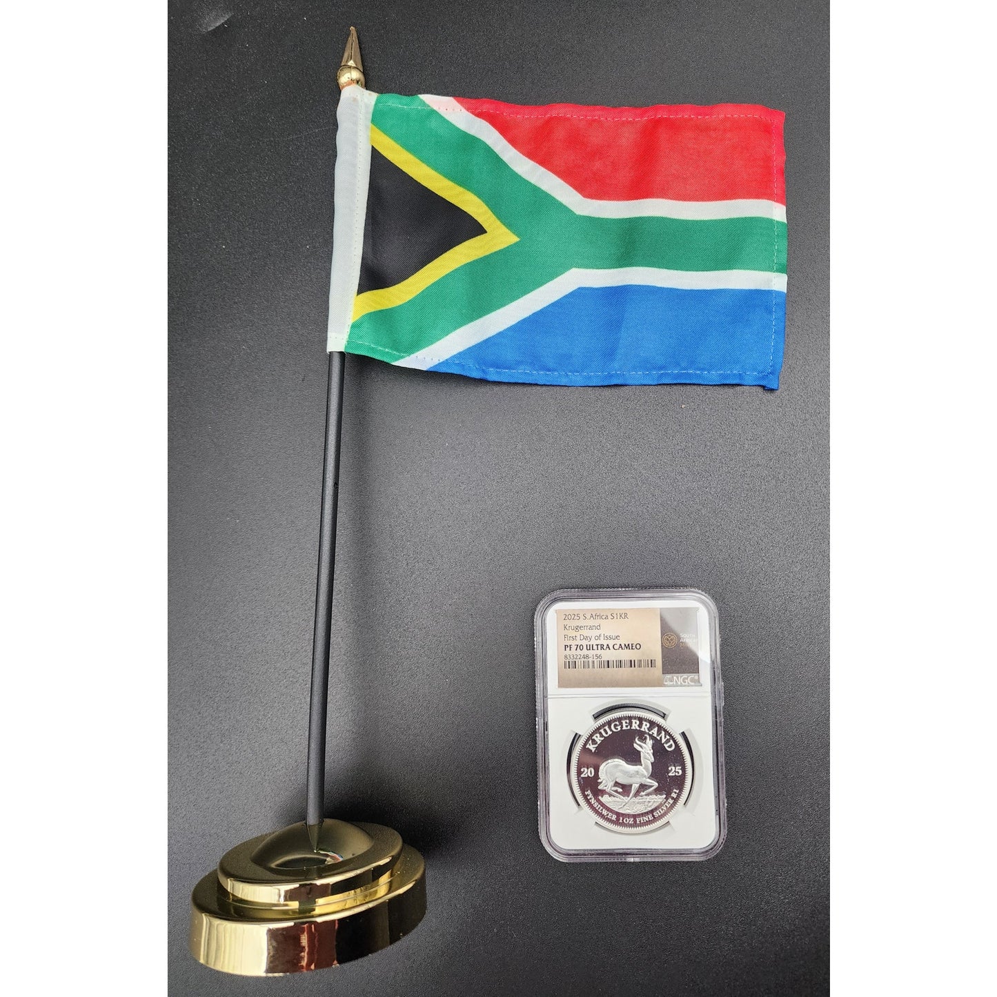 2025 SA Krugerrand PF70 FDOI NGC Fine Silver 1oz + Mini South Africa Flag Set