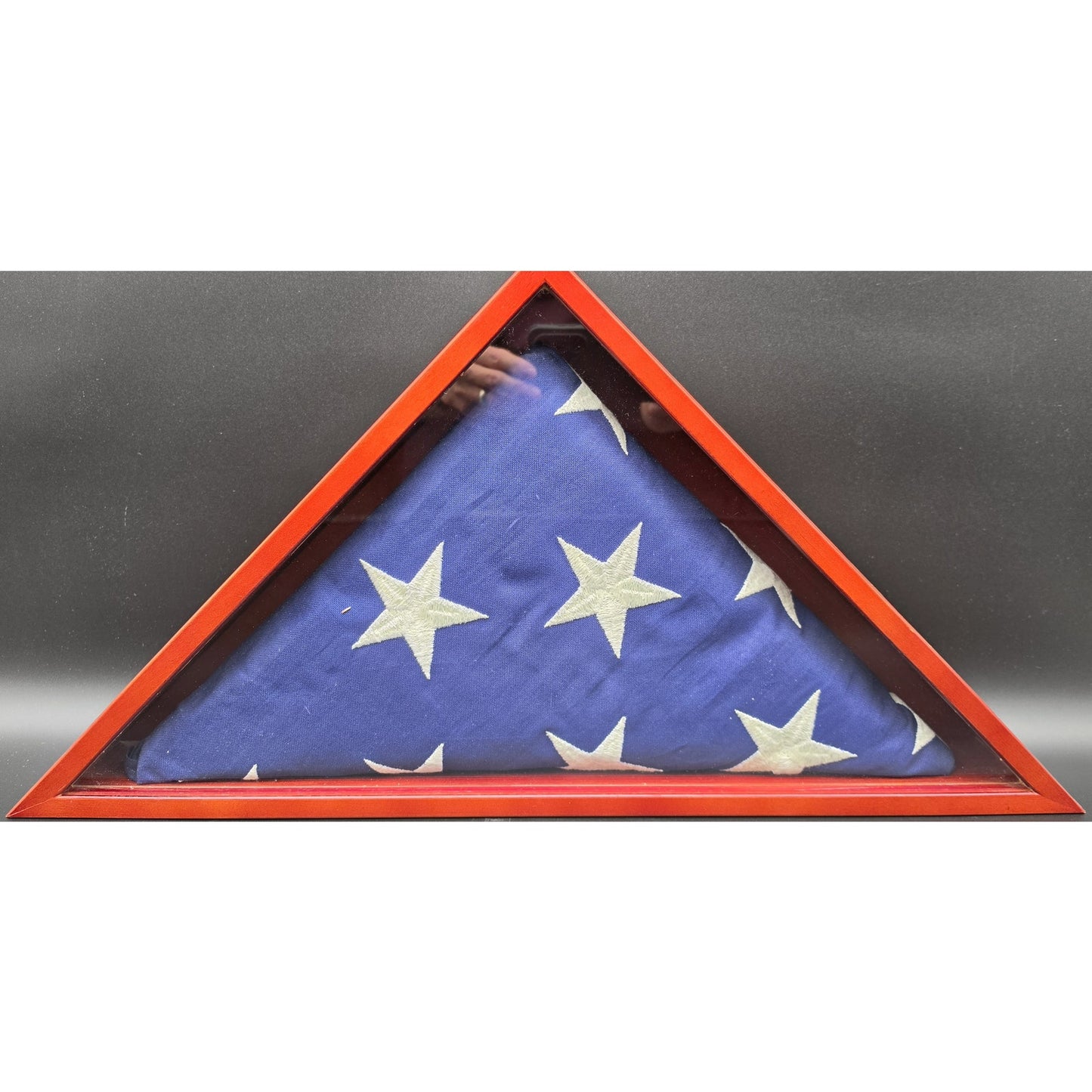 Vintage US Veteran Burial Flag in Solid Wood Triangular Display Case