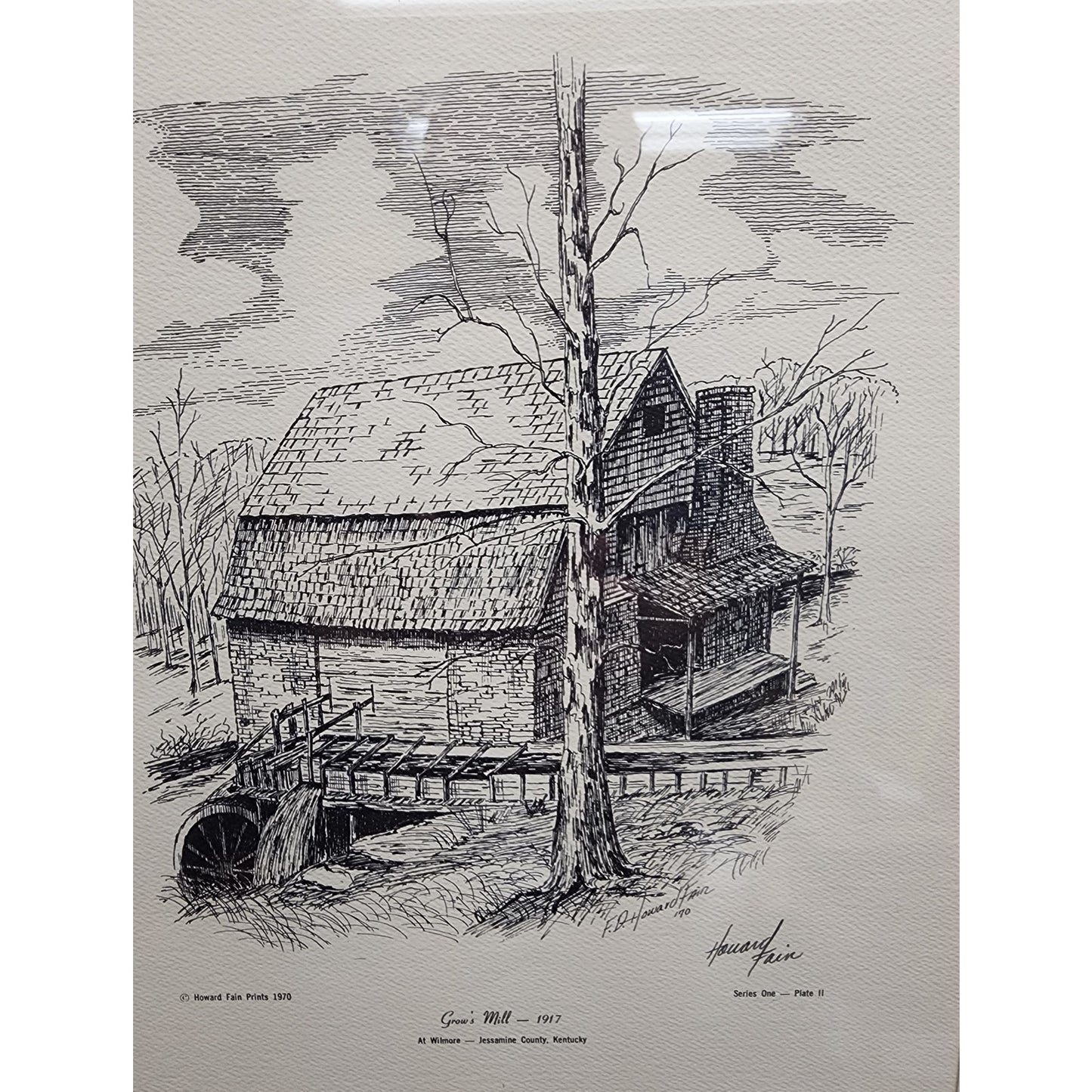 Grow’s Mill 1917 Lithograph signed by artist Howard Fain Framed 16.5x20.75 1970