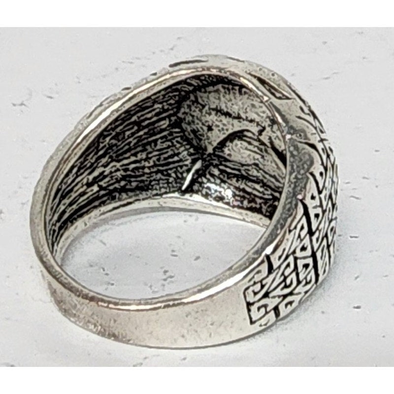 Silver Tone Geometric Ring Size 10.5 with Black Symbolic Design