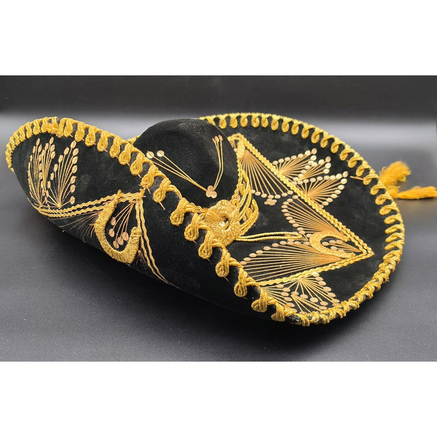 Authentic Vintage Mexican Sombrero Black Felt Gold Emb Sequin Detail 24x18x7.25