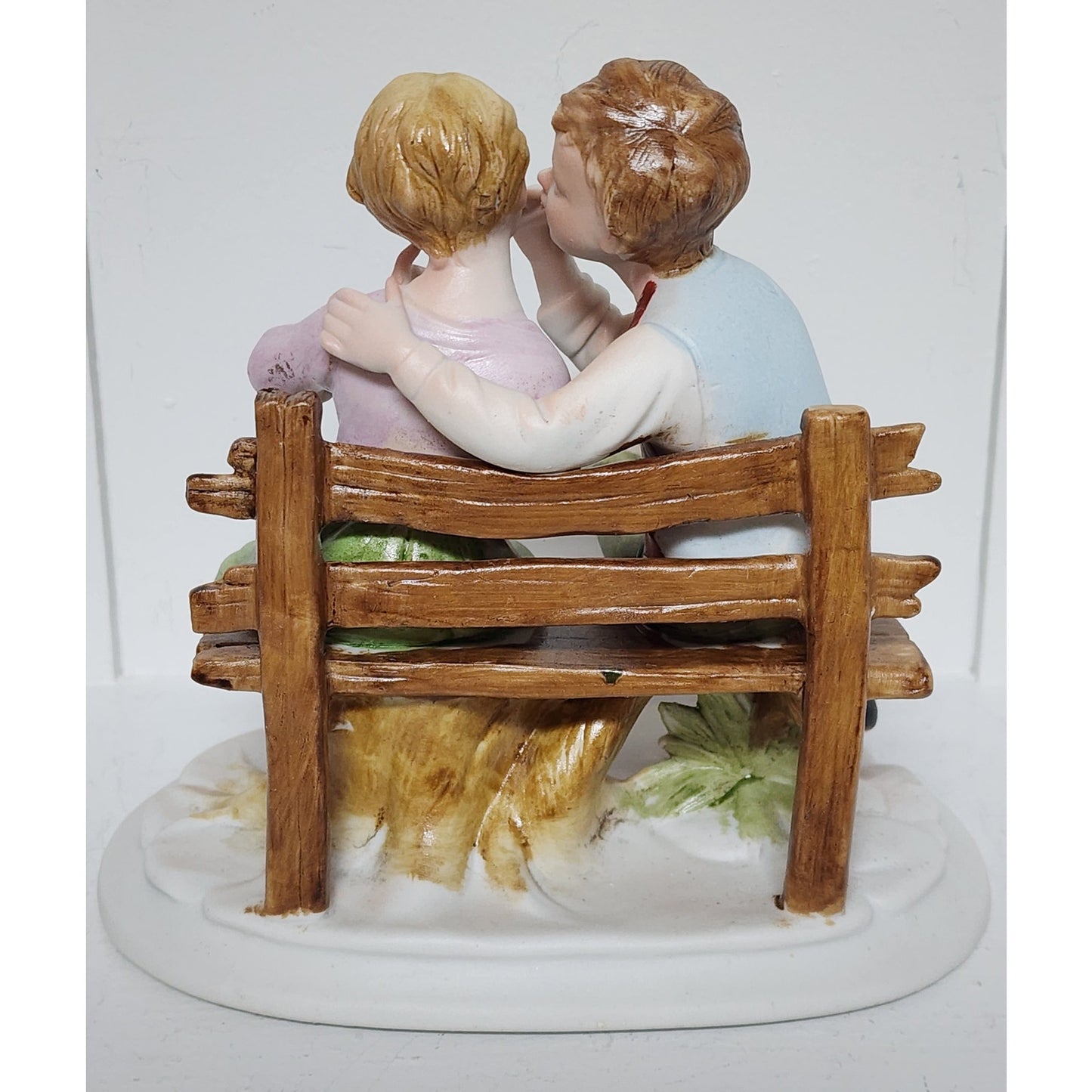 Vintage Boy Whispering to Girl On Bench Figurine Hand Painted on Bench 6"