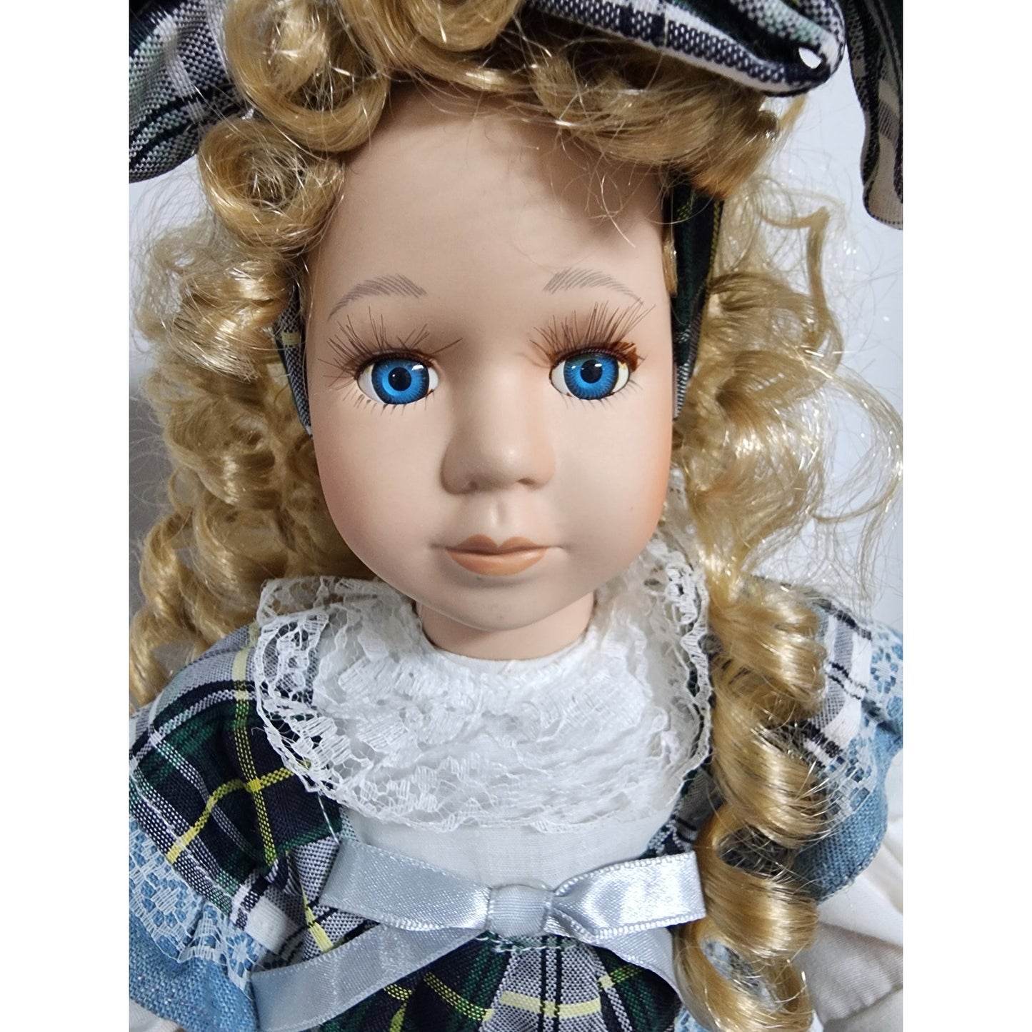 Vintage Tender Heart Treasures Porcelain Doll Plaid Dress Blonde Curls w/ Stand